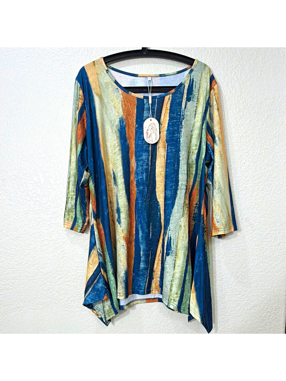 Women's Multicolor Striped Knit Tunic Top 3/4 Sleeve Round Neck Plus 1X